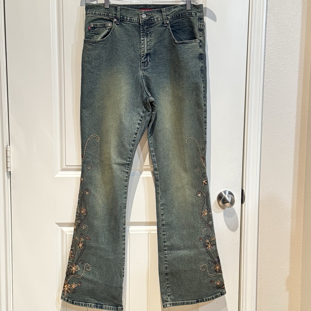 Y2K VIGOSS London Blue Embroidered Flare Jeans‎ 15/16 Boho 31x31.75"